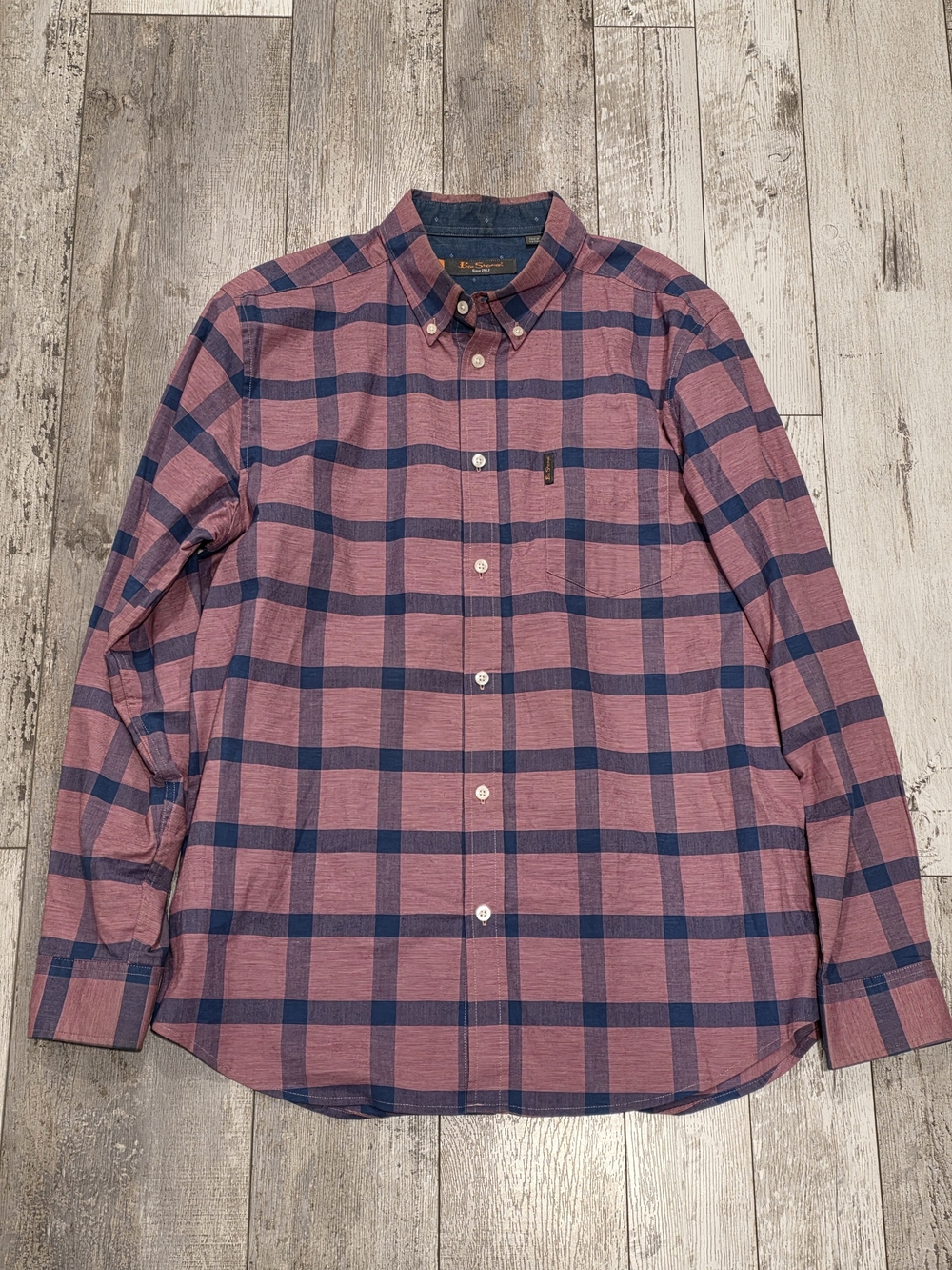 (L) Men's Ben Sherman Casual Collared Button-Down Shirt Pink Blue Plaid Cotton